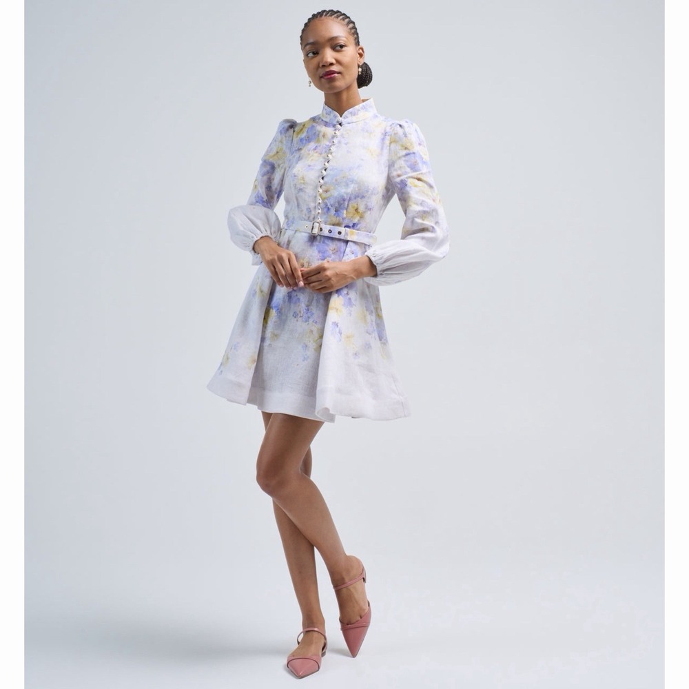 Zimmermann Crush Mini Dress Pearl Buttoned Lilac Floral Linen Size 3 US 10
